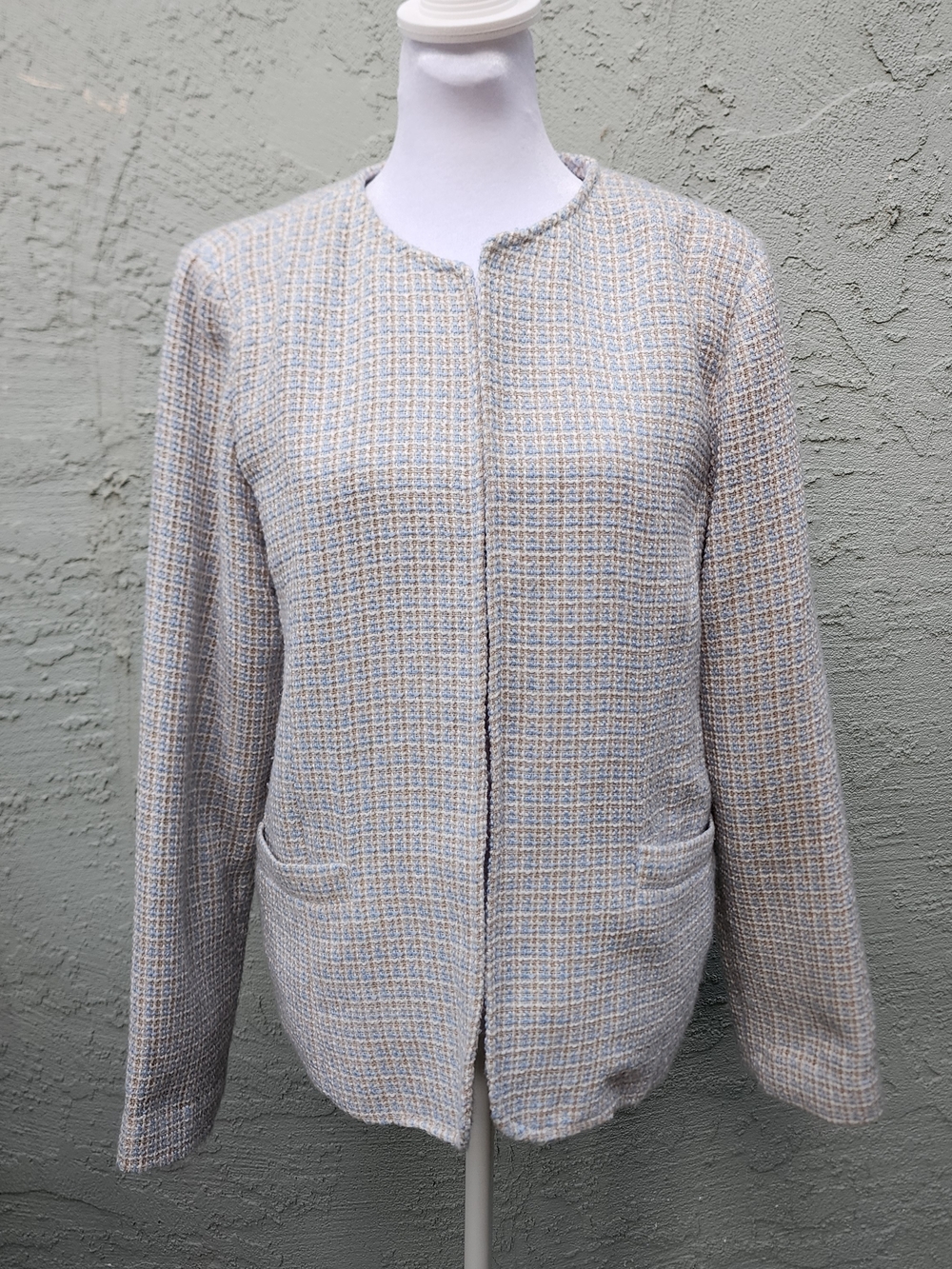 VTG BFA Collarless Tweed Open Front Blazer Jacket Gray Blue Gold Pastel Tweed 10